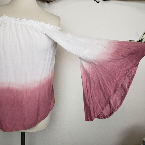 Love Notes Off-Shoulder Pink and White Rayon Blouse sz large - Picture 3 of 8